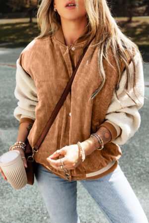 Buckskin Corduroy Fleece Patchwork Buttoned Bomber Jacket - Image 4