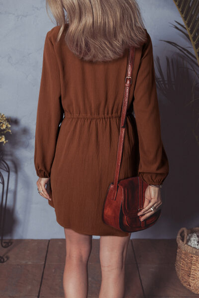 Burgundy Floral Embroidered Tassel Tie Waist Long Sleeve Mini Dress