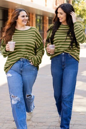 Green Stripe Drop Shoulder Casual Sweater - Image 4