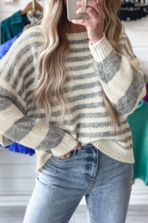 Alternative view of Gray Stripe Drop Shoulder Crew Neck Sweater