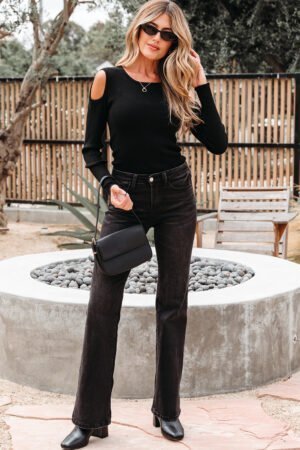 Black Ribbed Knit Cold Shoulder Sweater - Image 13