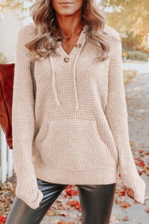 Alternative view of Apricot Waffle Knit Buttons Hooded Sweater with Pocket