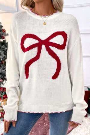 Alternative view of White Bow Pattern Contrast Trim Christmas Loose Graphic Sweater