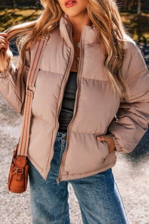 Apricot Pink Full Zipper Quilted Puffer Jacket - Image 4