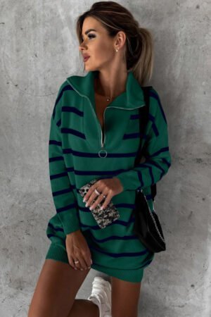 Green Striped O-ring Zip Collared Loose Sweater Mini Dress - Image 3
