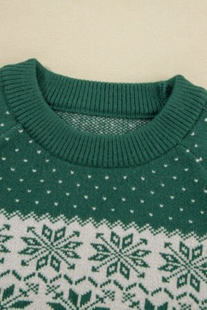 Green Christmas Snowflake Dotted Print Round Neck Sweater - Image 8