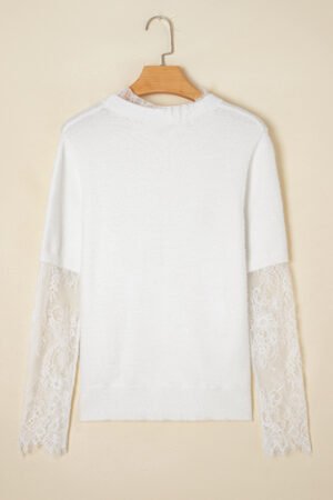 Beige Lace Sleeve Patchwork Faux Two-piece Fuzzy Sweater - Image 5