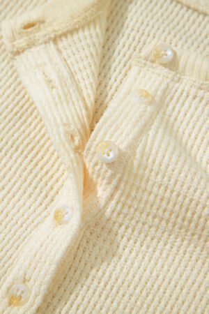 Oatmeal Textured Knit Half Buttons Henley Top - Image 7