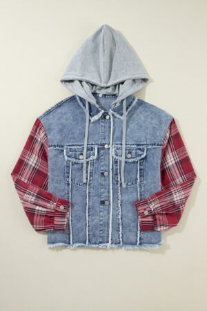Beau Blue Plaid Print Patchwork Hooded Raw Hem Denim Jacket - Image 4