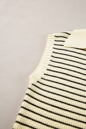 Beige Stripe Turn-down V Neck Sweater Tank Top - Image 7