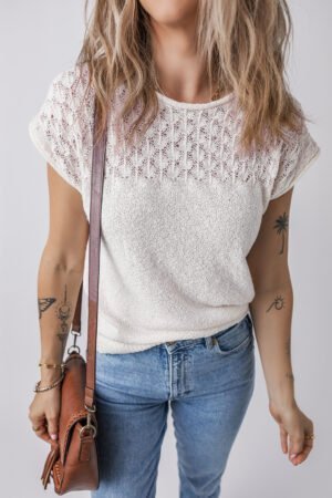 White Eyelet Knit Tied Back Short Sleeve Sweater - Image 3