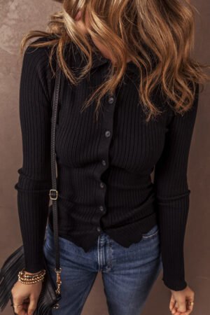 Black Ribbed Knit Collared Slim Fit Sweater Cardigan - Image 5