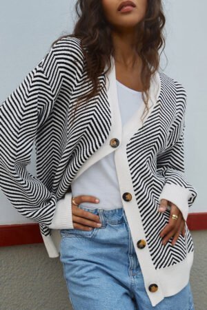 Black Stripe Buttoned Front V Neck Herringbone Cardigan