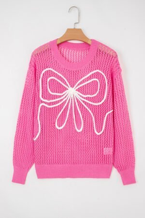 Sachet Pink Sweet Bow Decor Hollow Out Knitted Drop Shoulder Sweater - Image 3