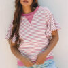Sachet Pink Contrast Detail Striped Ruffle Short Sleeve Top