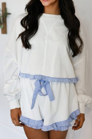 White Plaid Ruffled Patchwork Drop Shoulder Pullover and Drawstring Elastic Waist Shorts Matching Set