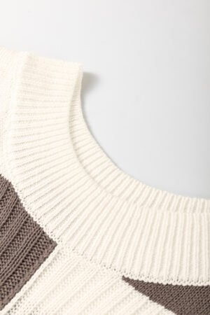 Khaki Checkered Color Block Crew Neck Short Sleeve Sweater - Image 7