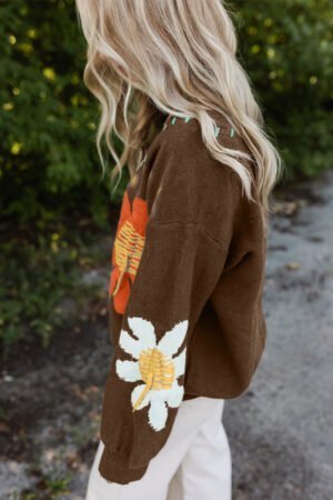 Coffee Big Flower Pattern V Neck Drop Shoulder Sweater - Image 4