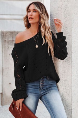 Black Hollow-out Puffy Sleeve Knit Sweater - Image 3