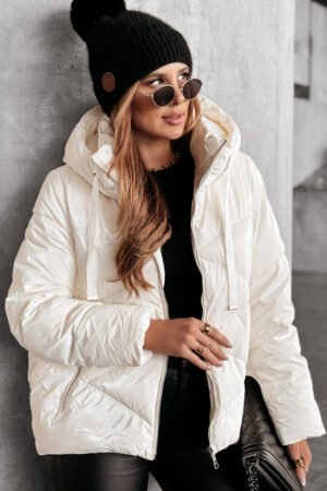 White Solid Quilted Hooded Zip Up Puffer Coat - Image 5