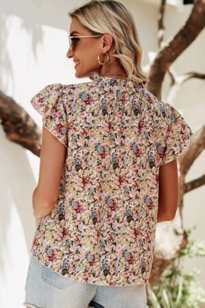 Red Boho Floral Frilled Button Neck Ruffle Short Sleeve Blouse - Image 3