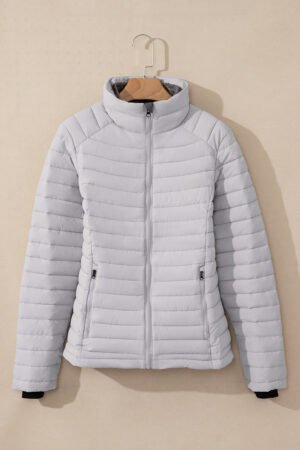 Silvery Solid Color Quilted Zip-up Puffer Jacket - Image 4