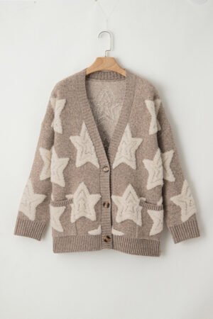 Khaki Sherpa Star Pattern Textured Sweater Cardigan with Pockets - Image 5