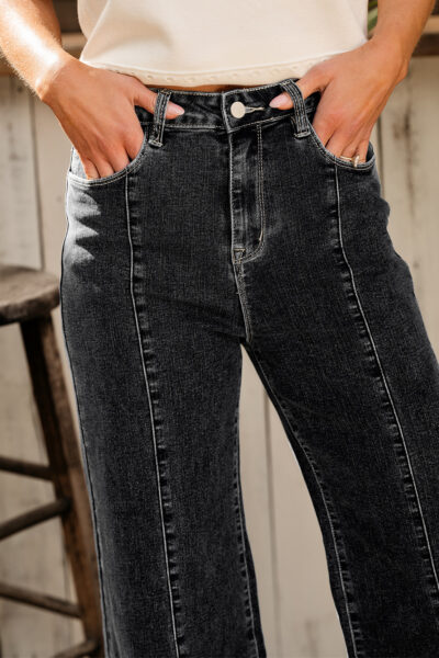 Black Plain Seam Detail Flared Bottom Ankle Length Jeans