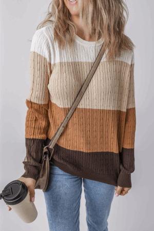 Khaki Colorblock Cable Knit Round Neck Sweater - Image 5