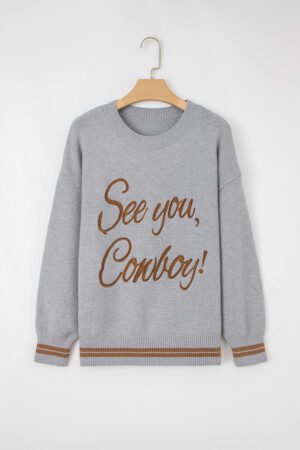 Light Grey See You Cowboy Embroidered Western Graphic Sweater - Image 6