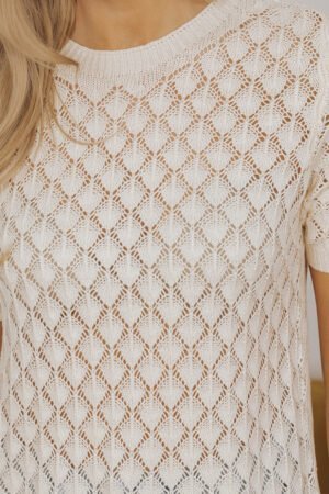 Beige Hollow Out Crochet O Neck Short Sleeve Sweater Tee - Image 6