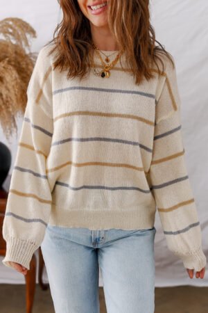 Multicolour Striped Ribbed Edge Drop Shoulder Sweater - Image 3