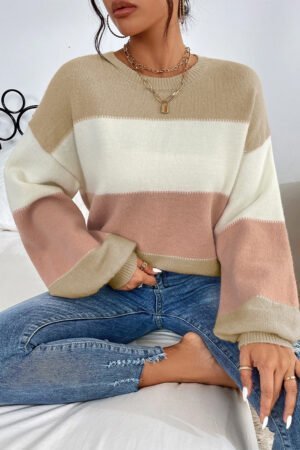 Dusty Pink Color Block Lantern Sleeve Drop Shoulder Sweater - Image 5