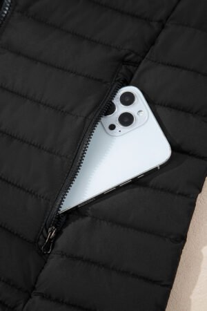 Black Solid Color Quilted Zip-up Puffer Jacket - Image 7