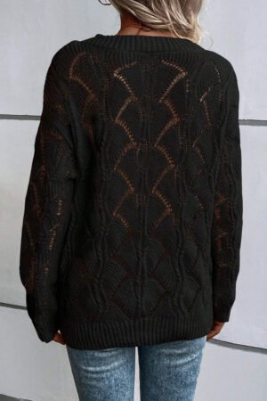 Black Hollow Out Knit V Neck Drop Shoulder Sweater - Image 3