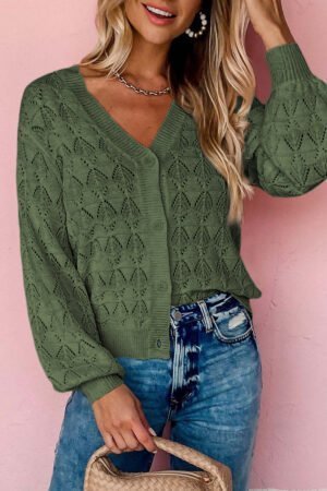 Green Lightweight Buttoned Front Crochet Cardigan - Image 5
