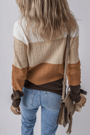 Khaki Colorblock Cable Knit Round Neck Sweater - Image 3