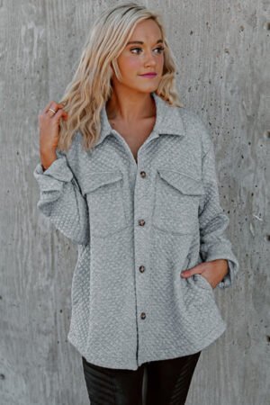Gray Retro Quilted Flap Pocket Button Shacket - Image 5
