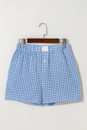 Blue Gingham Printed High Waist Shorts - Image 4