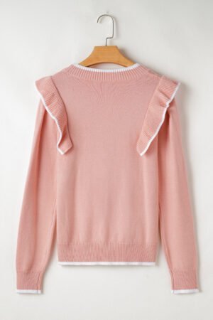 Light Pink Ruffled Bowknot Ribbed Trim Long Sleeve Sweater - Image 5