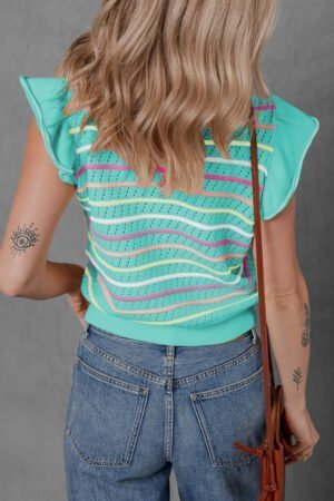 Green Colorful Striped Eyelet Knit Ruffled Sleeve Sweater T Shirt - Image 2