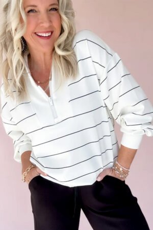 White Zip V Neck Casual Stripe Print Drop Shoulder Long Sleeve Top - Image 5