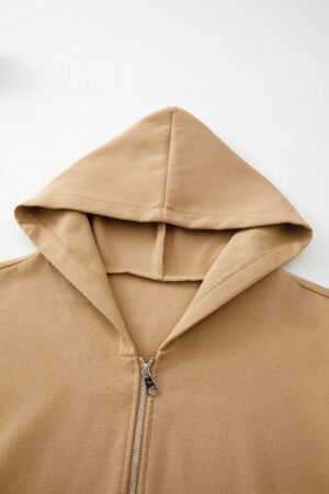 Light French Beige Solid Color Casual Zip up Hooded Coat - Image 7