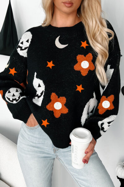 Black Halloween Mythical Night Pattern Drop Shoulder Sweater
