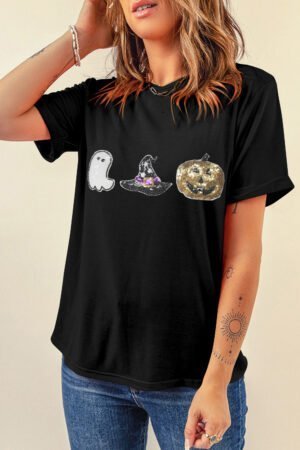 Black Halloween Sequin Pattern Patched Crewneck Tee - Image 4