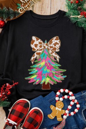 Black Bowknot Christmas Tree Shiny Graphic Sweatshirt - Image 7