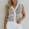 Black Stripe V Neck Gold Buttons Elegant Sweater Vest