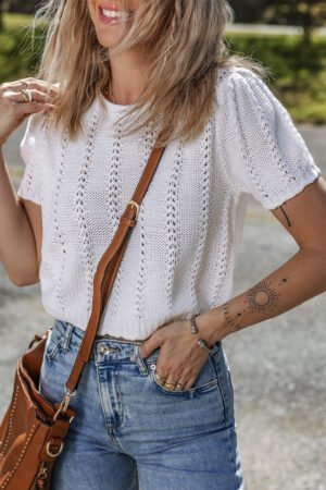 White Pointelle Knit Short Puff Sleeve Crewneck Sweater - Image 5