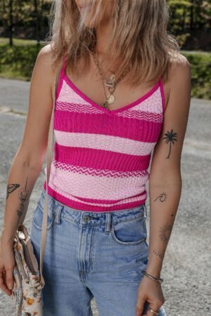 Red Stripe Spaghetti Strap V Neck Sweater Vest - Image 3