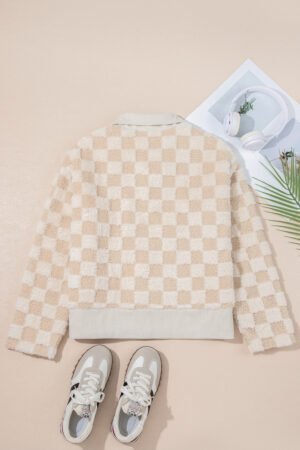 Khaki Checker Sherpa Corduroy Patchwork Zip up Collared Jacket - Image 16